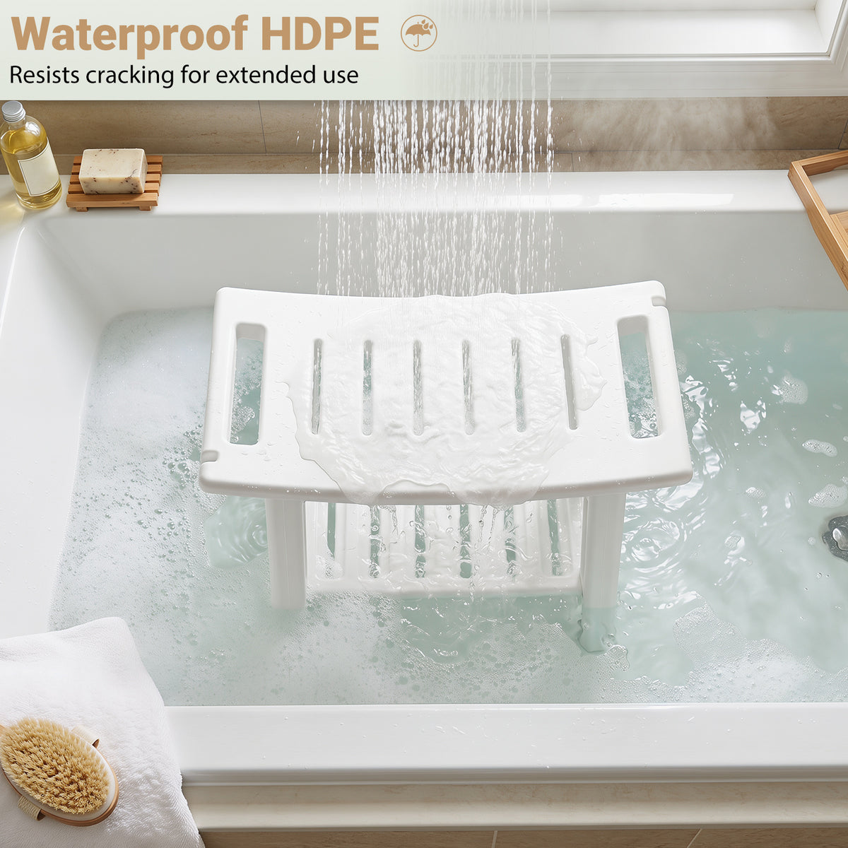 HDPE Shower Chair with Storage Shelf Handles and Shower Head Holder