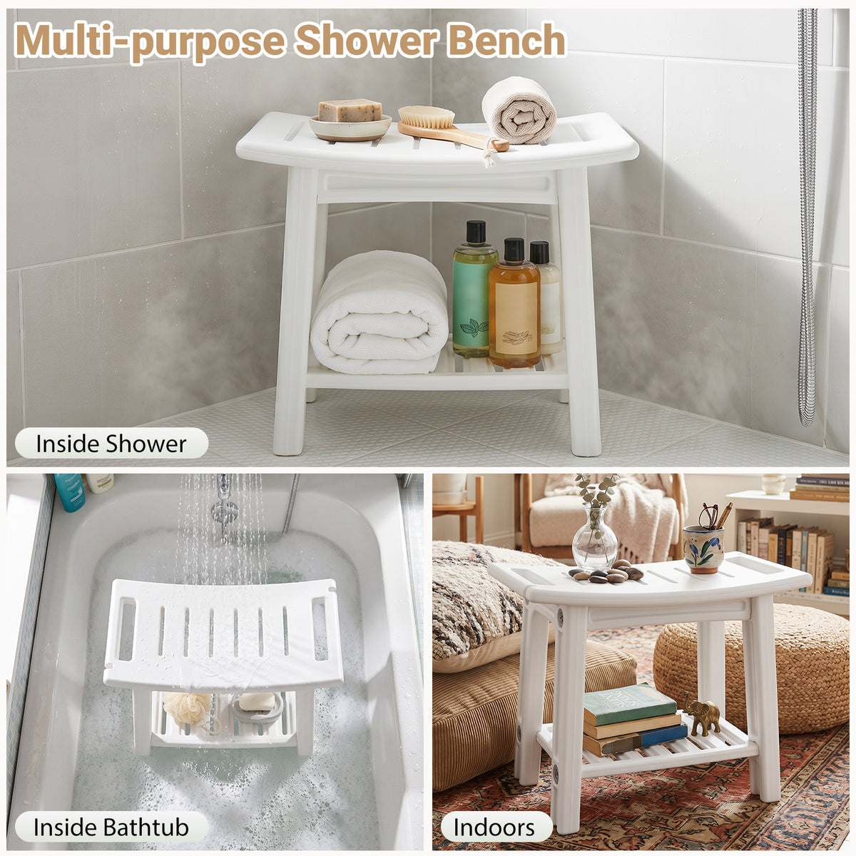 HDPE Shower Chair with Storage Shelf Handles and Shower Head Holder