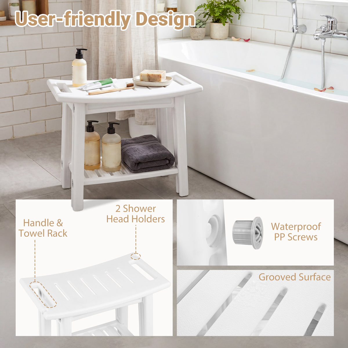 HDPE Shower Chair with Storage Shelf Handles and Shower Head Holder