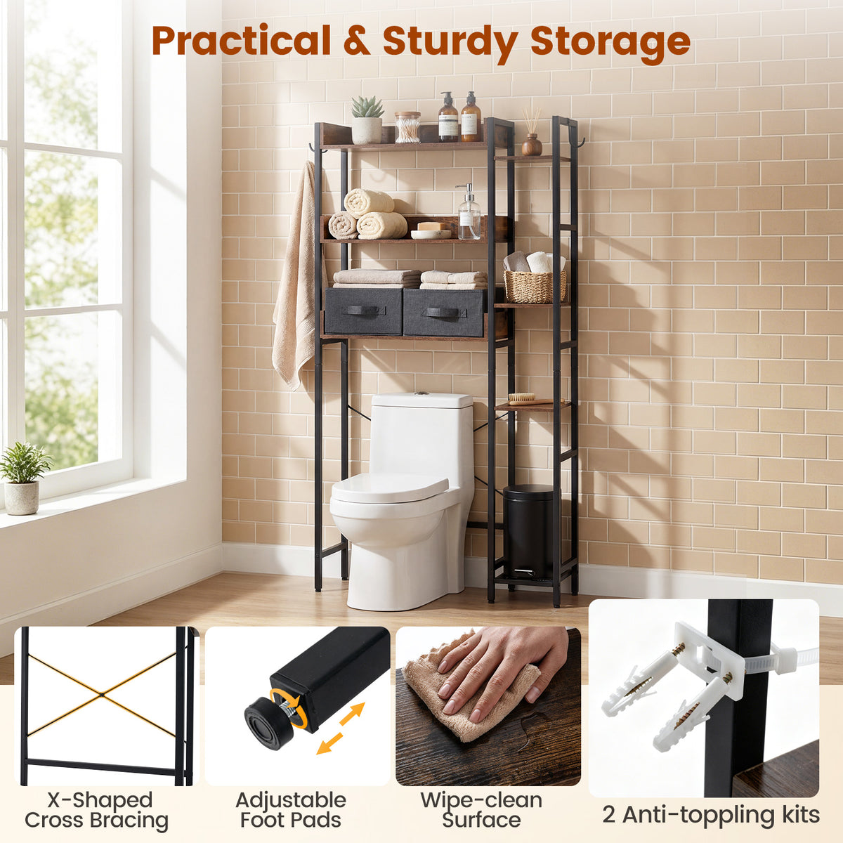Over the Toilet Storage Rack with 2 Fabric Drawers and 4 Hooks for Bathroom