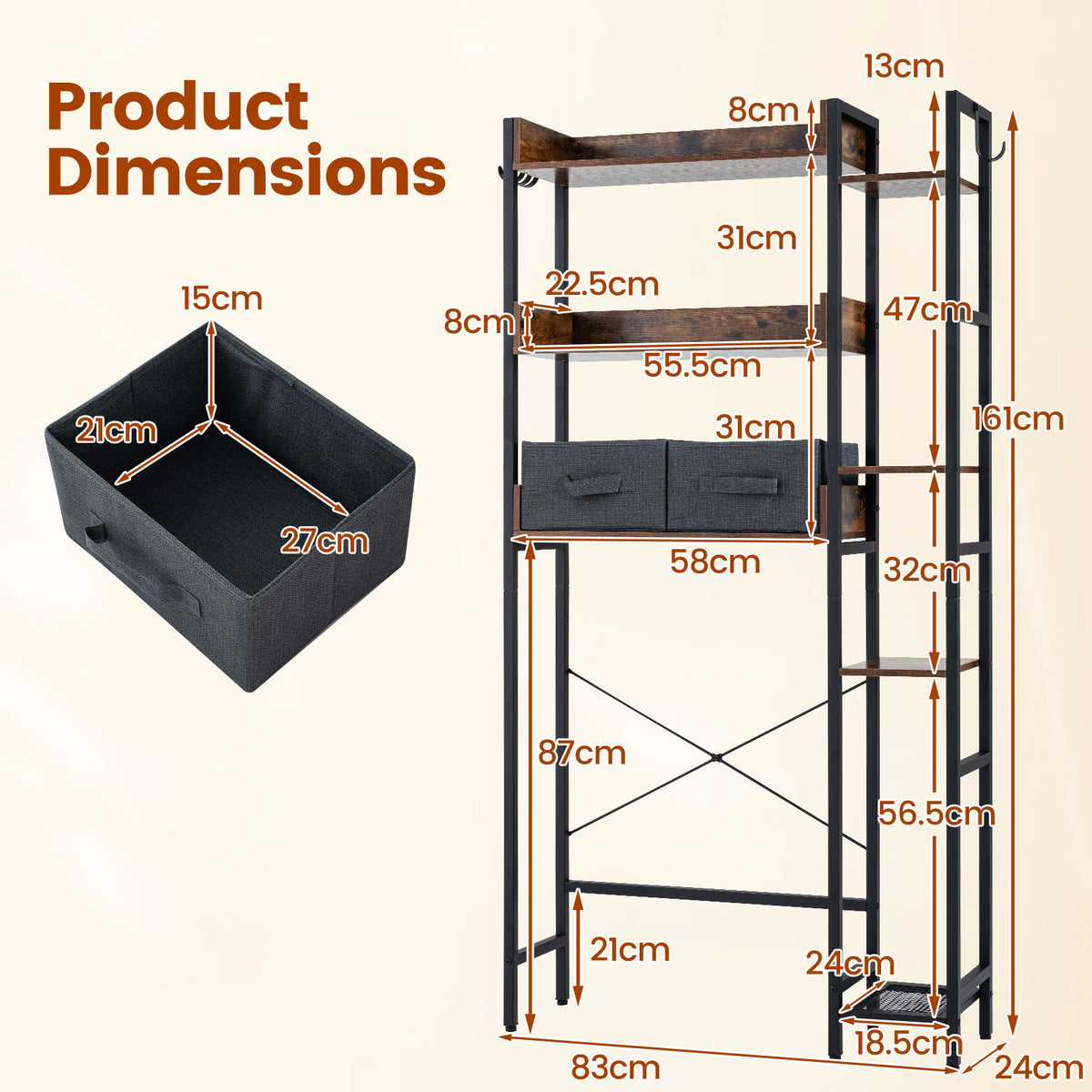 Over the Toilet Storage Rack with 2 Fabric Drawers and 4 Hooks for Bathroom