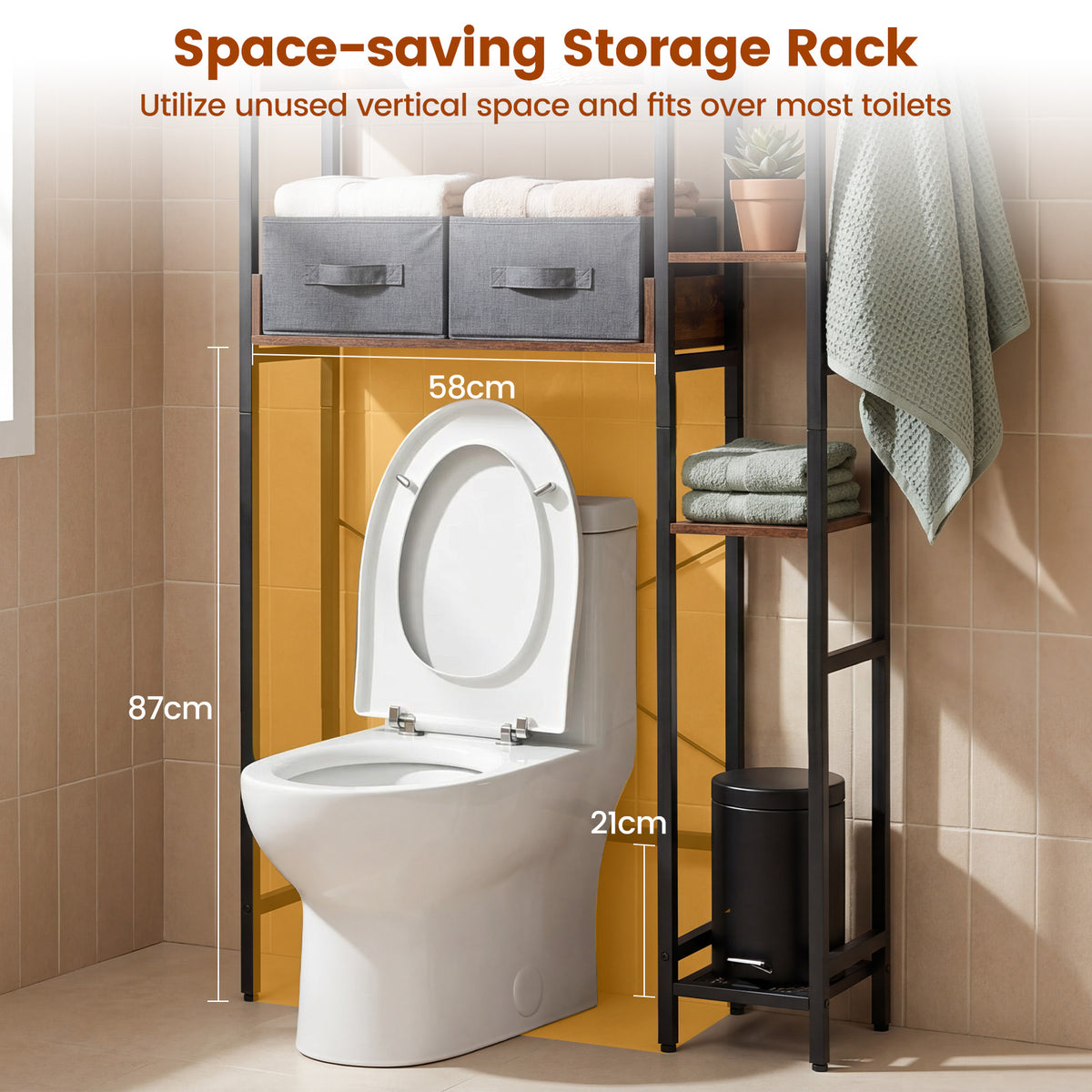Over the Toilet Storage Rack with 2 Fabric Drawers and 4 Hooks for Bathroom