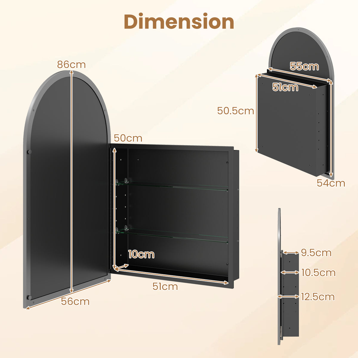 Medicine Cabinet for Bathroom, 34" x 22" Brushed Metal Wall-Mounted Storage Cabinet with Arched Mirror