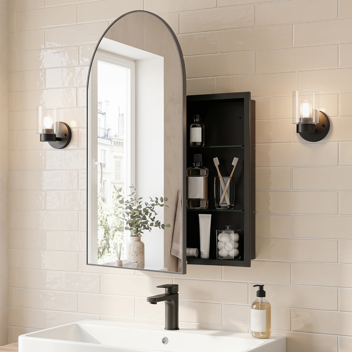 Medicine Cabinet for Bathroom, 34" x 22" Brushed Metal Wall-Mounted Storage Cabinet with Arched Mirror