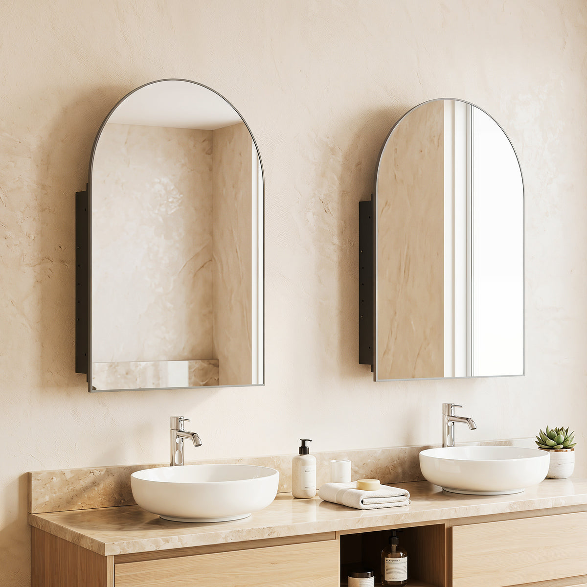 Medicine Cabinet for Bathroom, 34" x 22" Brushed Metal Wall-Mounted Storage Cabinet with Arched Mirror
