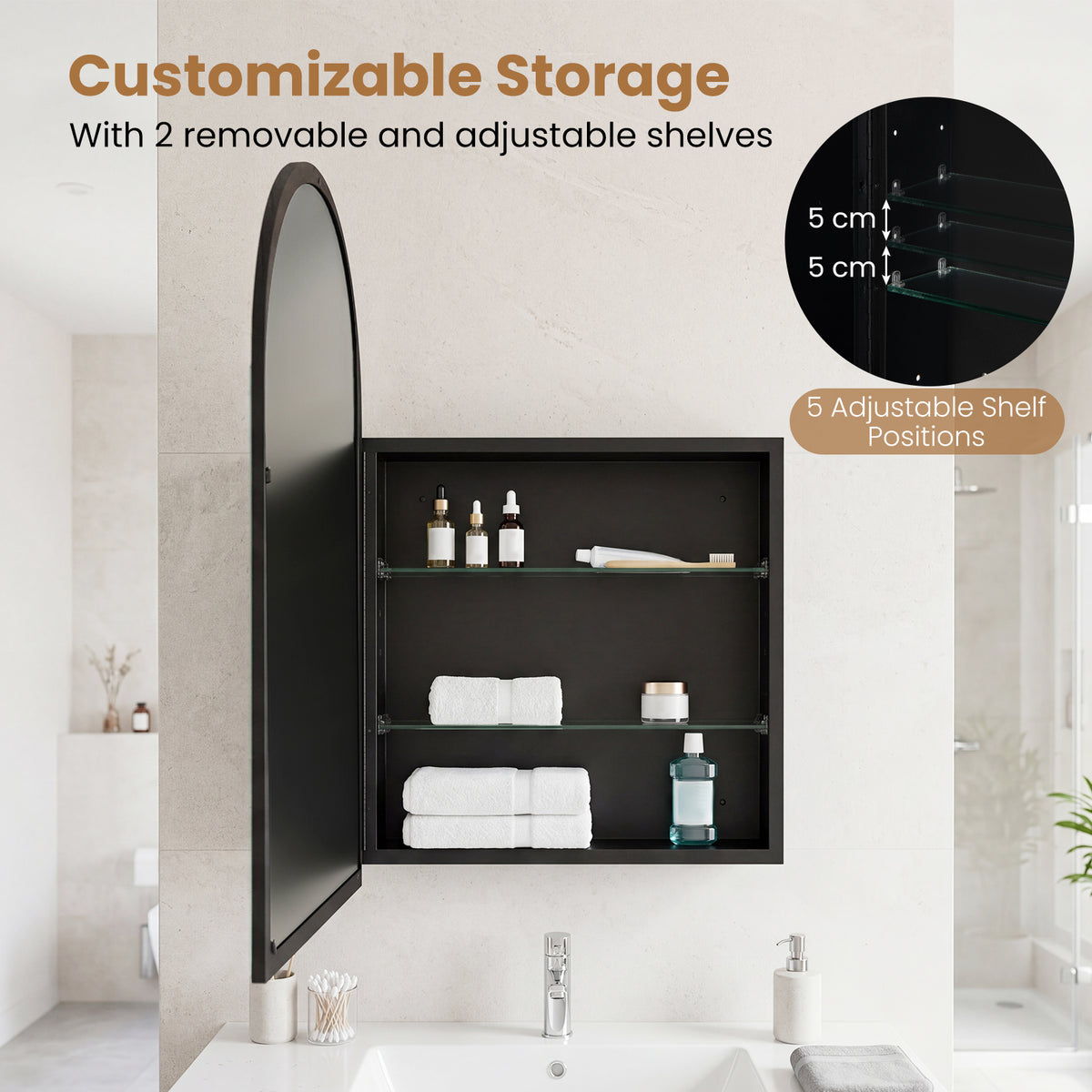 Medicine Cabinet for Bathroom, 34" x 22" Brushed Metal Wall-Mounted Storage Cabinet with Arched Mirror