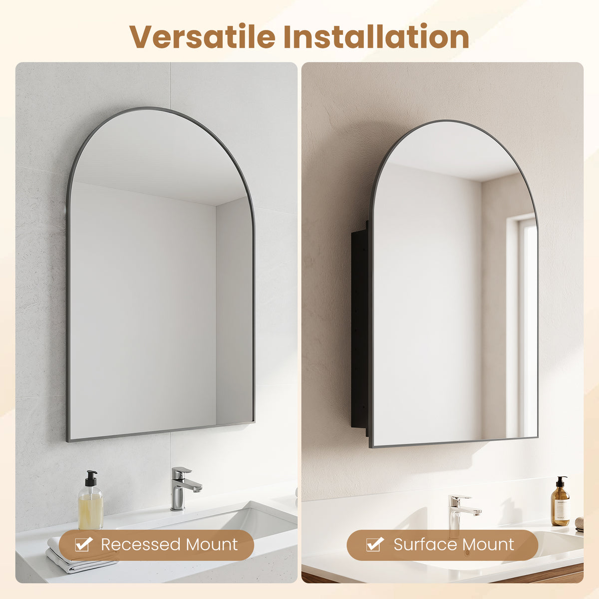 Medicine Cabinet for Bathroom, 34" x 22" Brushed Metal Wall-Mounted Storage Cabinet with Arched Mirror