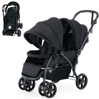 Foldable Tandem Stroller, Double Seat Baby Pram w/Adjustable Backrest, Push Handle and Footrest