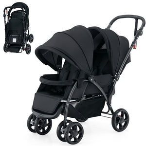 Foldable Tandem Stroller, Double Seat Baby Pram w/Adjustable Backrest, Push Handle and Footrest