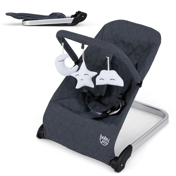 Baby Bouncer, Foldable Baby Rocker with 5-Point Safety Harness, Removable Fabric Cover and Toy Bar