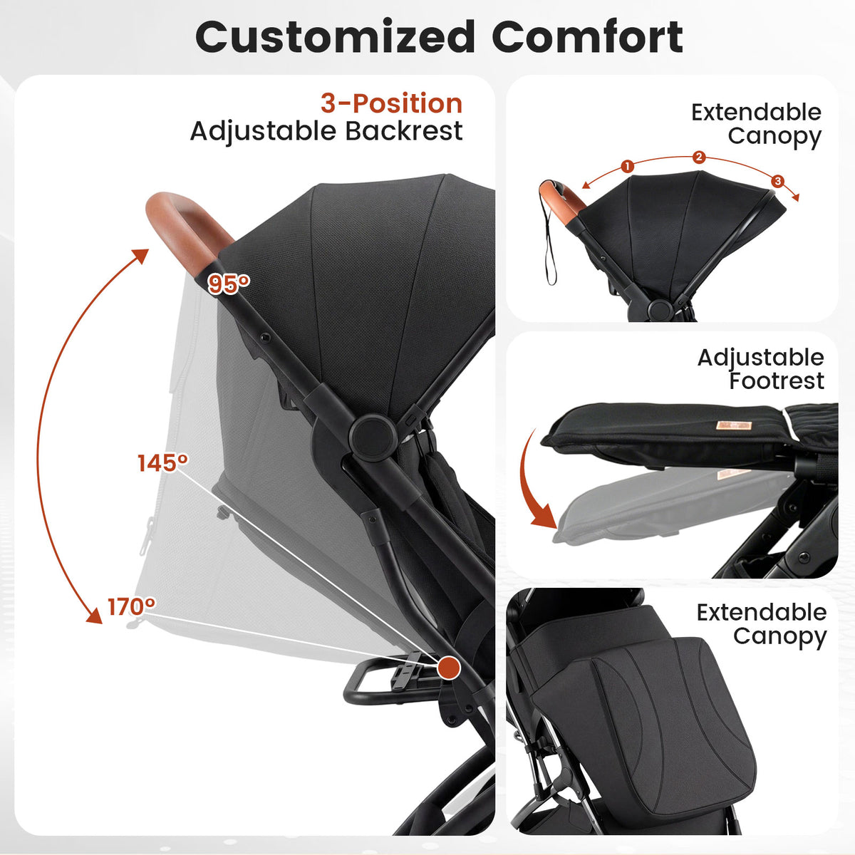 Lightweight Baby Stroller with Adjustable Backrest and Footmuff