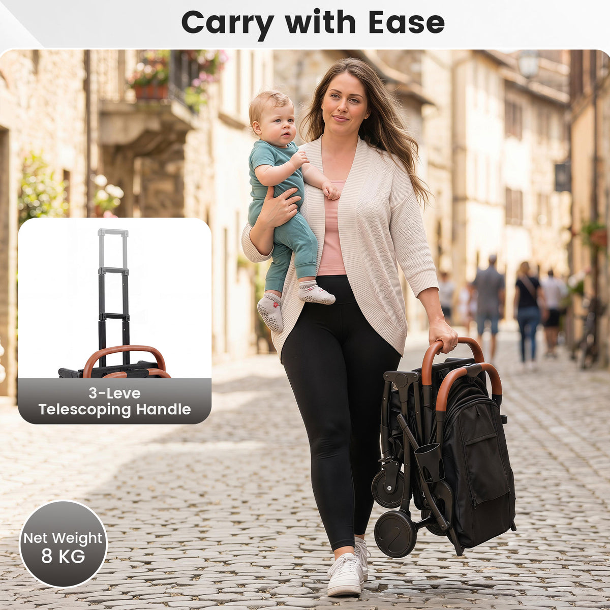 Lightweight Baby Stroller with Adjustable Backrest and Footmuff