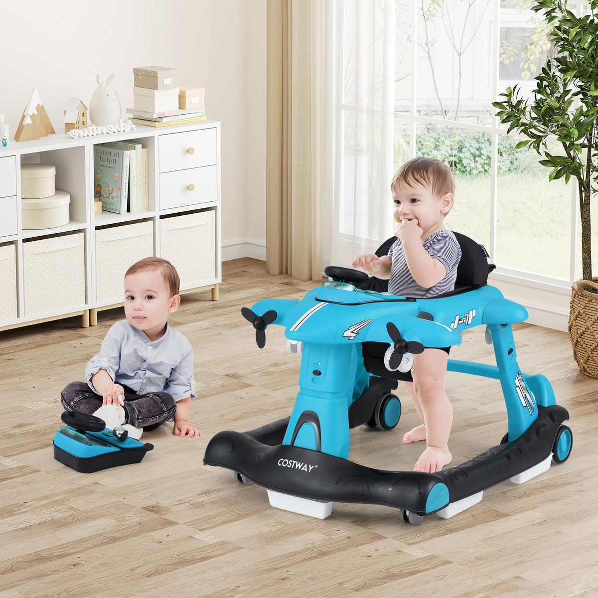 6-in-1 Baby Walker, Foldable Push Walker with Adjustable Height & Speed, Padded Seat