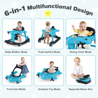 6-in-1 Baby Walker, Foldable Push Walker with Adjustable Height & Speed, Padded Seat