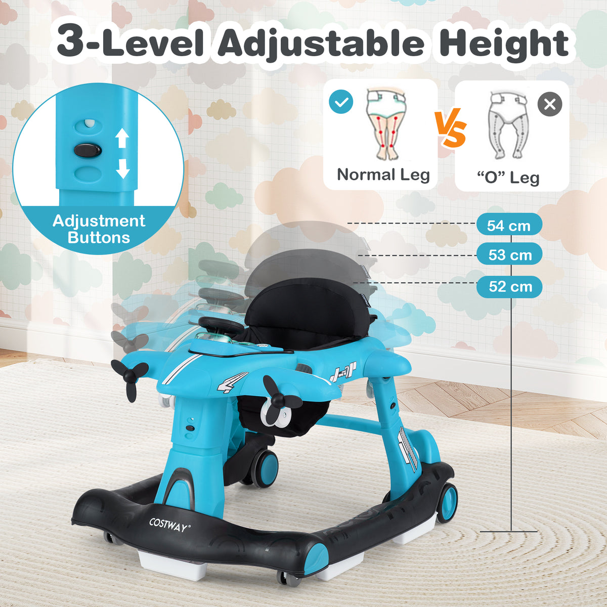 6-in-1 Baby Walker, Foldable Push Walker with Adjustable Height & Speed, Padded Seat