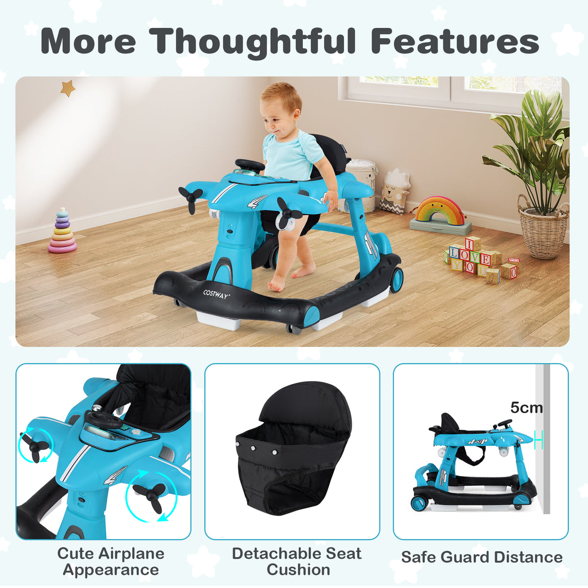 6-in-1 Baby Walker, Foldable Push Walker with Adjustable Height & Speed, Padded Seat