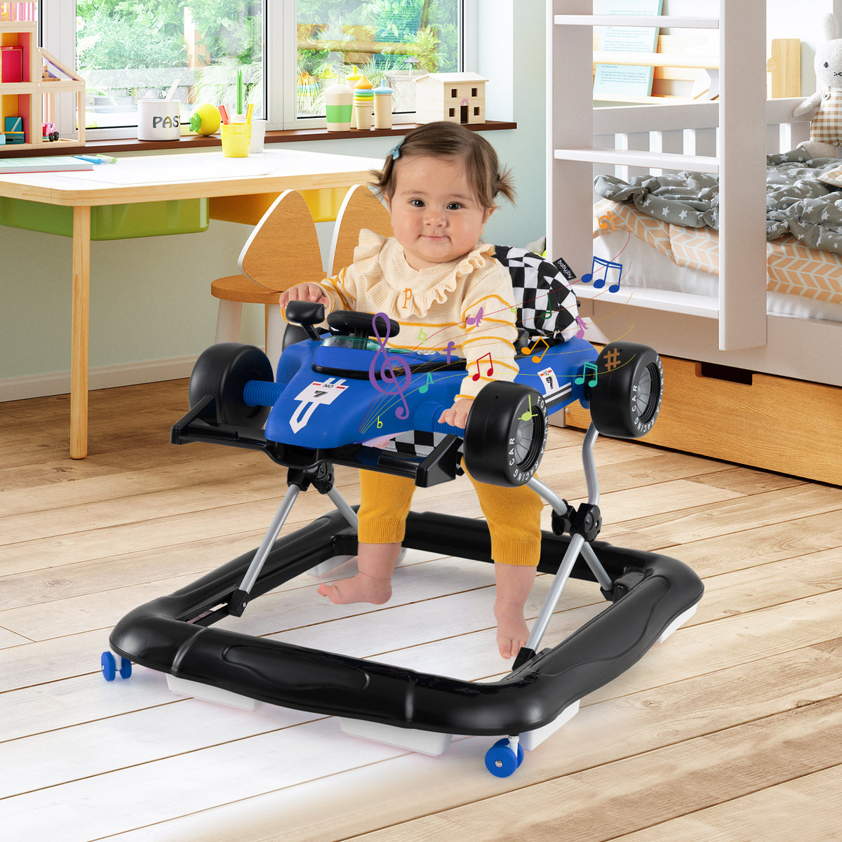 4-in-1 Baby Push Walker, Activity Center w/ 3-Level Adjustable Height, Padded Seat Steering Wheel & Music Box