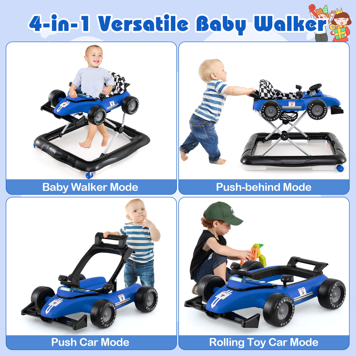 4-in-1 Baby Push Walker, Activity Center w/ 3-Level Adjustable Height, Padded Seat Steering Wheel & Music Box