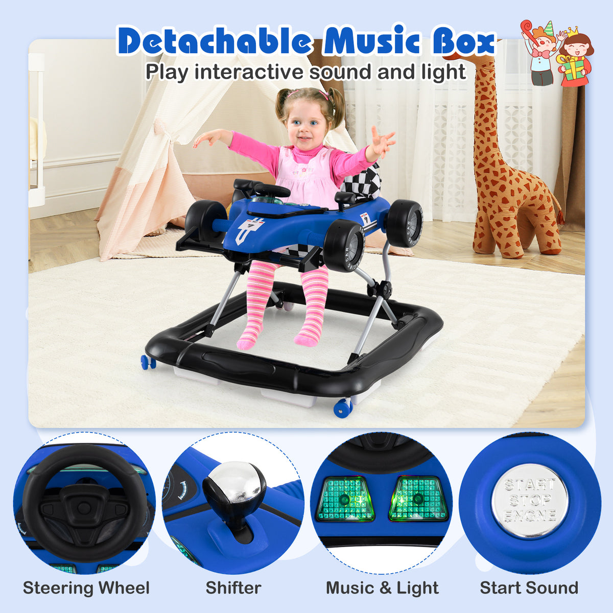 4-in-1 Baby Push Walker, Activity Center w/ 3-Level Adjustable Height, Padded Seat Steering Wheel & Music Box