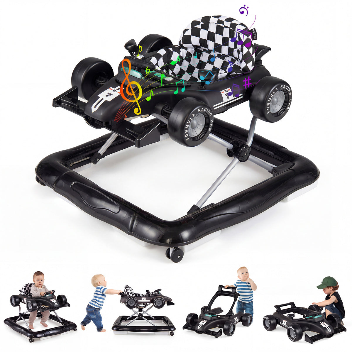 4-in-1 Baby Push Walker, Activity Center w/ 3-Level Adjustable Height, Padded Seat Steering Wheel & Music Box