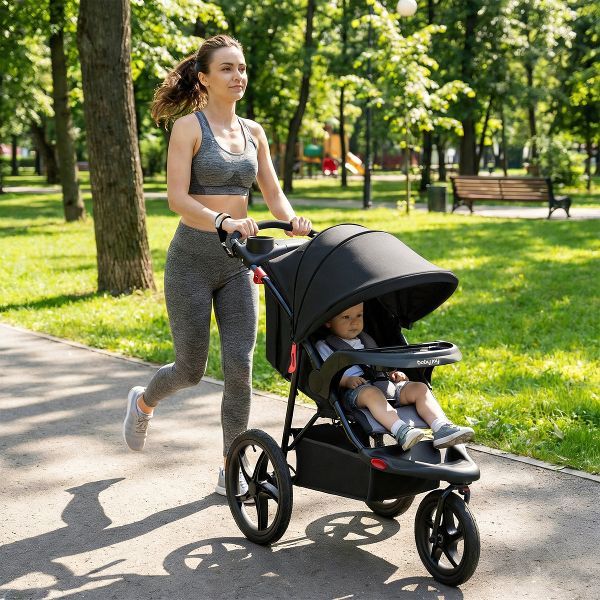 Foldable Jogger with Adjustable Canopy and Detachable Tray