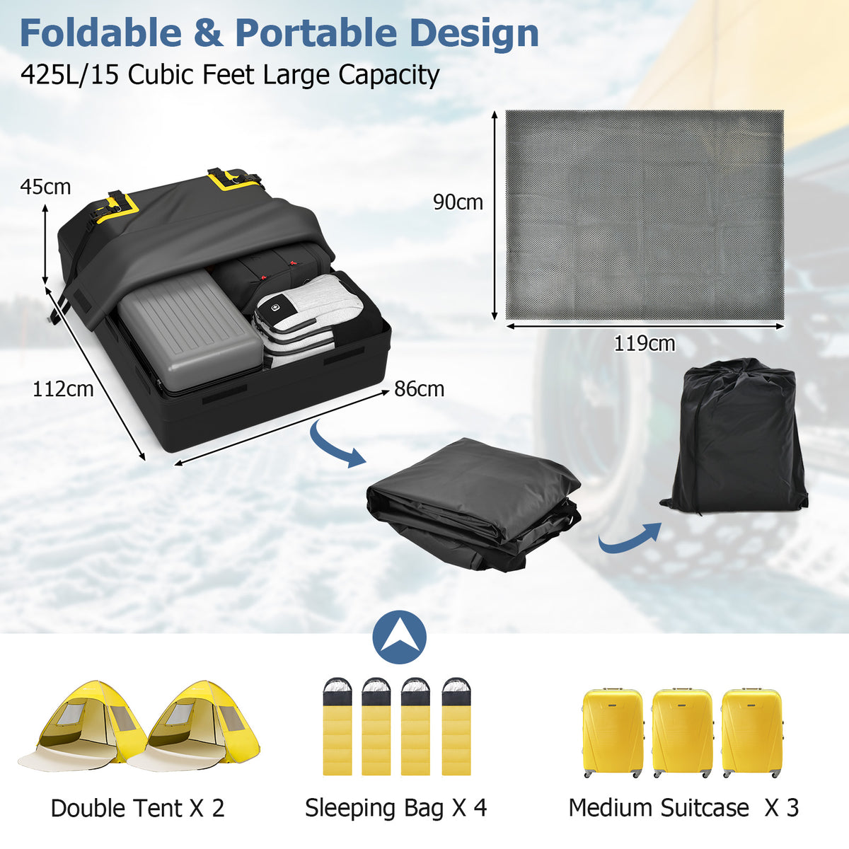 425L/15 Cubic Feet 100% Waterproof Roof Top Luggage Bag for All Vehicles