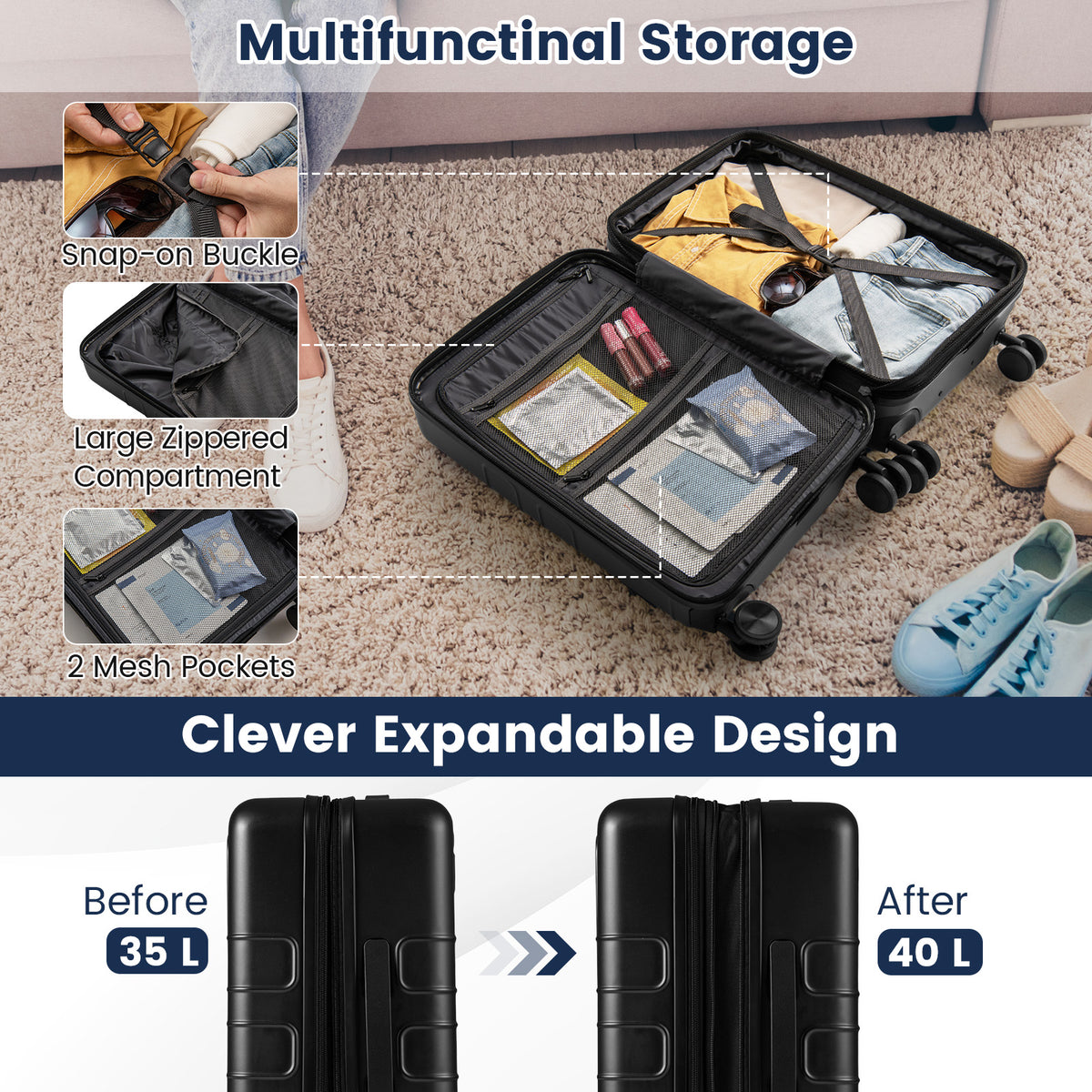 Lightweight PC Hardside Suitcase w/Double TSA Lock