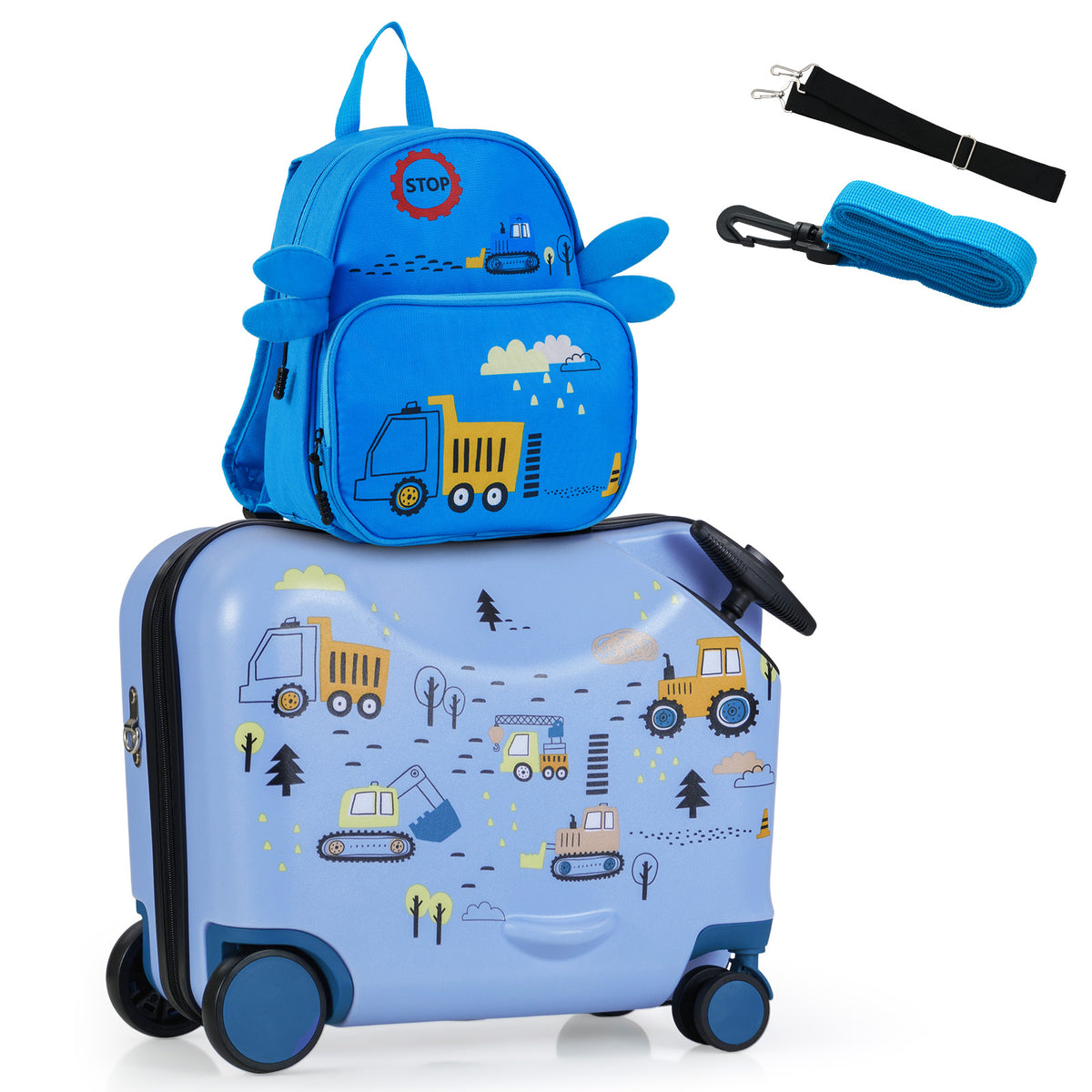 2 PCS Kid Luggage Set W/Spinner Wheels, 18" Ride-on & Carry-on & Sit-on Suitcase & 12" Backpack Set W/Lanyard for Pull & Prevent Loss
