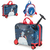 2 PCS Kid Luggage Set W/Spinner Wheels, 18" Ride-on & Carry-on & Sit-on Suitcase & 12" Backpack Set W/Lanyard for Pull & Prevent Loss