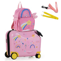 2 PCS Kid Luggage Set W/Spinner Wheels, 18" Ride-on & Carry-on & Sit-on Suitcase & 12" Backpack Set W/Lanyard for Pull & Prevent Loss