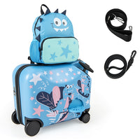 2 PCS Kid Luggage Set W/Spinner Wheels, 18" Ride-on & Carry-on & Sit-on Suitcase & 12" Backpack Set W/Lanyard for Pull & Prevent Loss