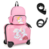 2 PCS Kid Luggage Set W/Spinner Wheels, 18" Ride-on & Carry-on & Sit-on Suitcase & 12" Backpack Set W/Lanyard for Pull & Prevent Loss