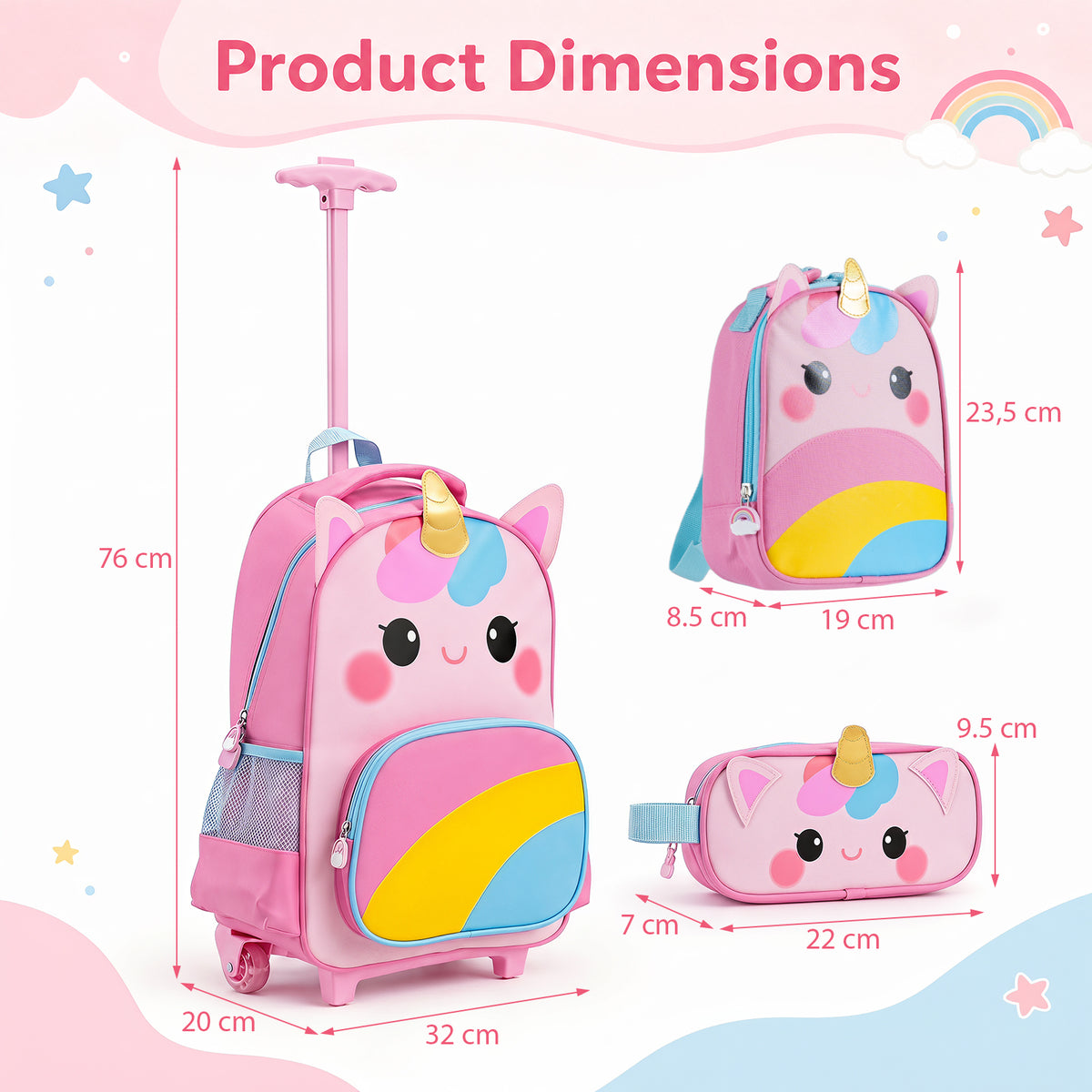 3 Pieces Unicorn Rolling Backpack for Kids
