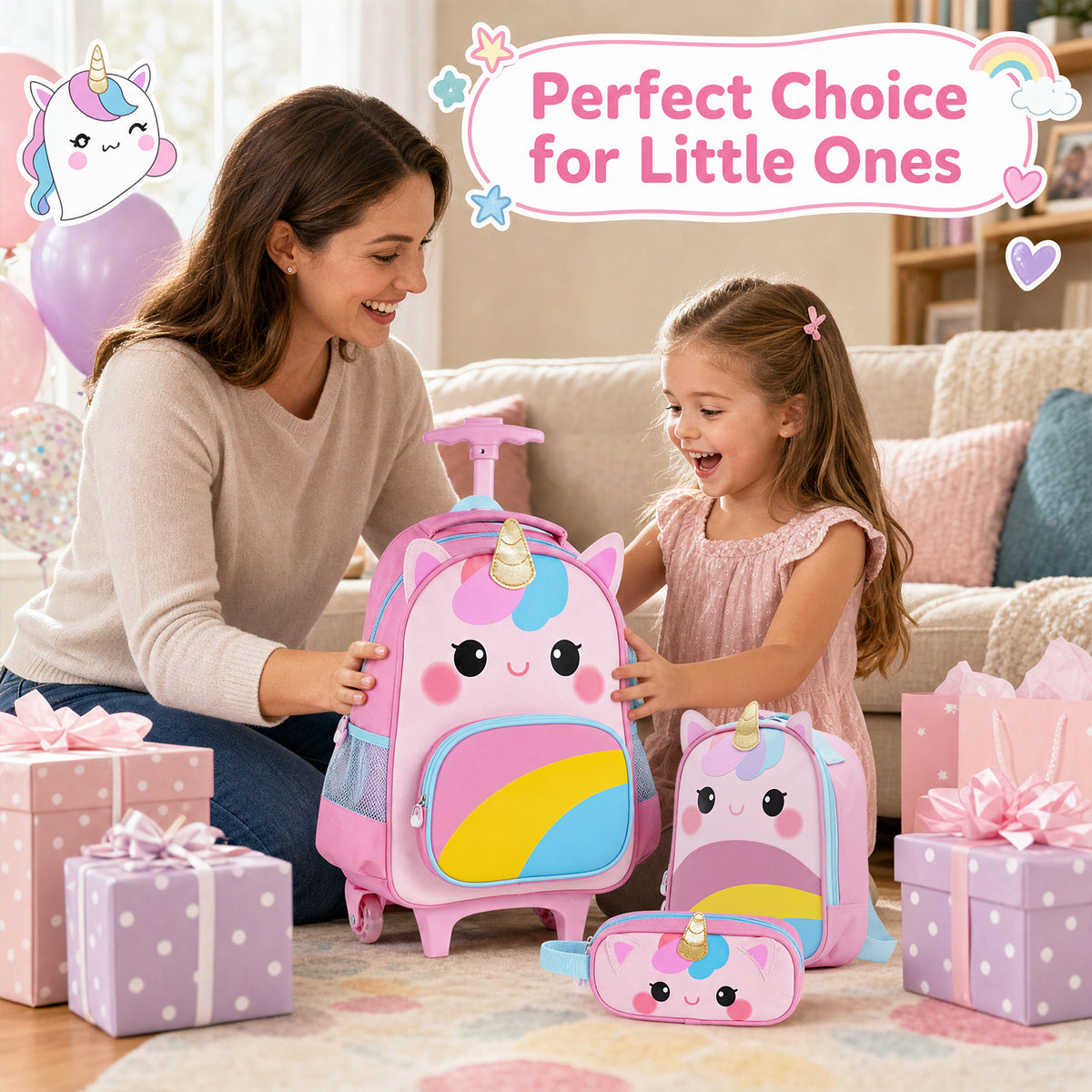 3 Pieces Unicorn Rolling Backpack for Kids