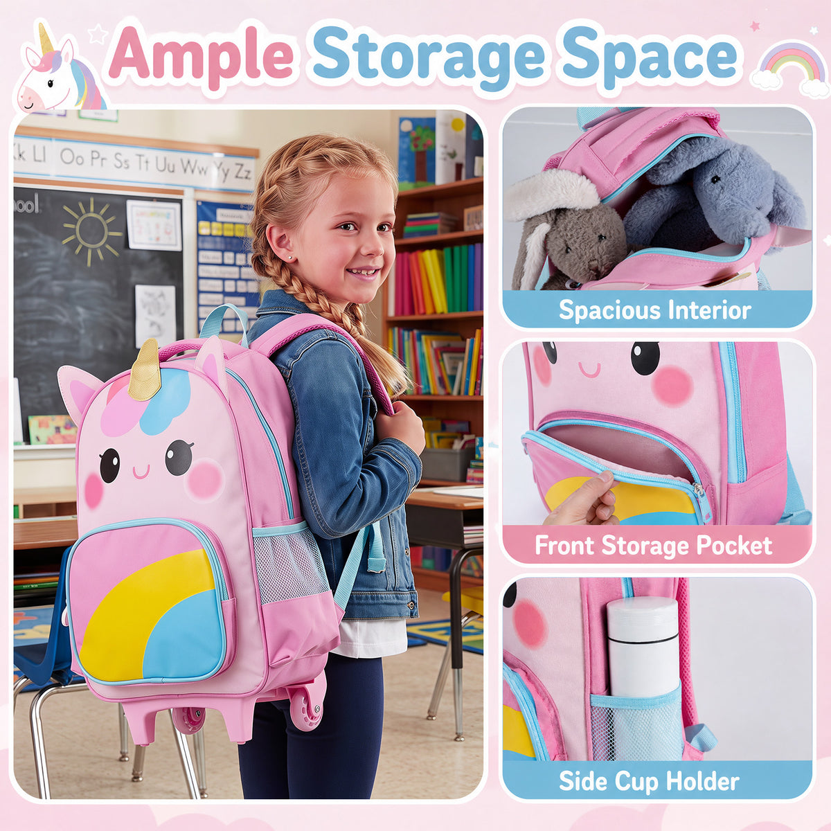 3 Pieces Unicorn Rolling Backpack for Kids