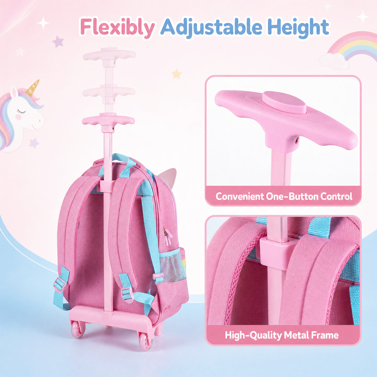 3 Pieces Unicorn Rolling Backpack for Kids