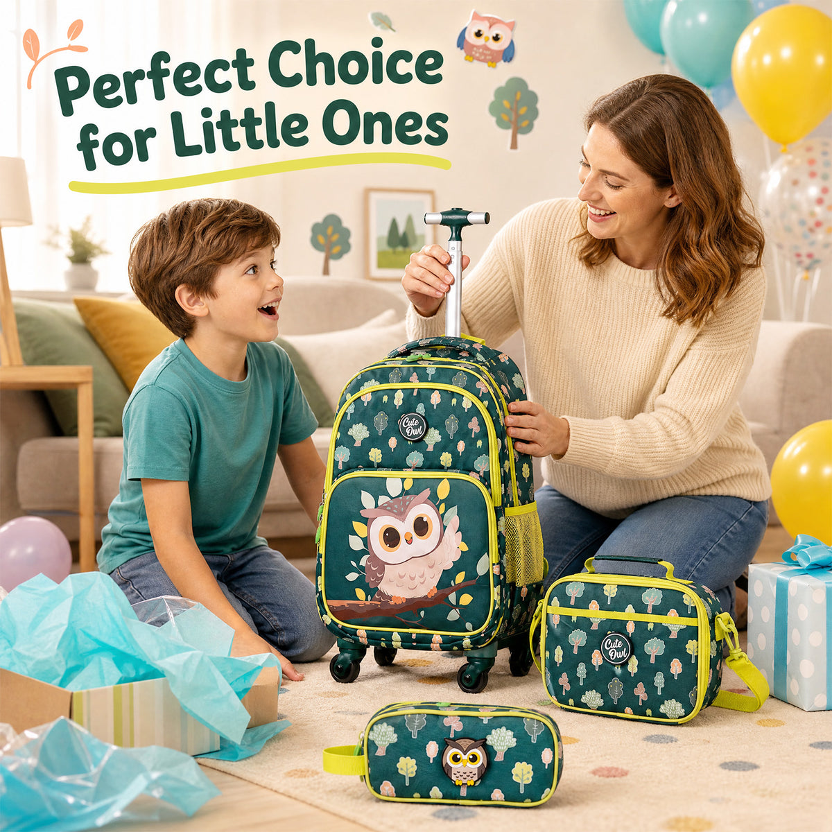 3 Pieces Owl Rolling Backpack for Kids
