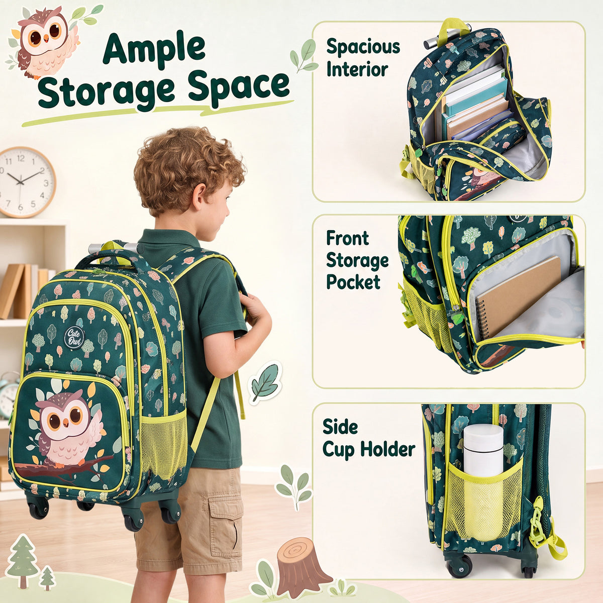 3 Pieces Owl Rolling Backpack for Kids