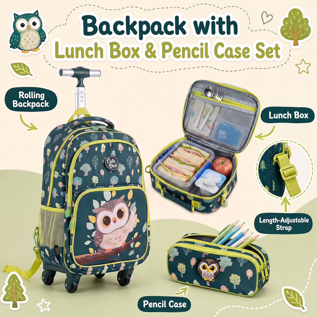 3 Pieces Owl Rolling Backpack for Kids