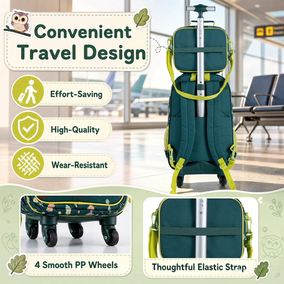 3 Pieces Owl Rolling Backpack for Kids