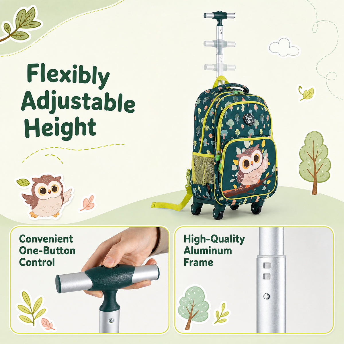 3 Pieces Owl Rolling Backpack for Kids