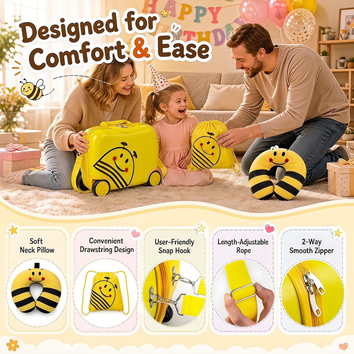 3-Piece Kids Carry-on Luggage Set with Headrest and Backpack