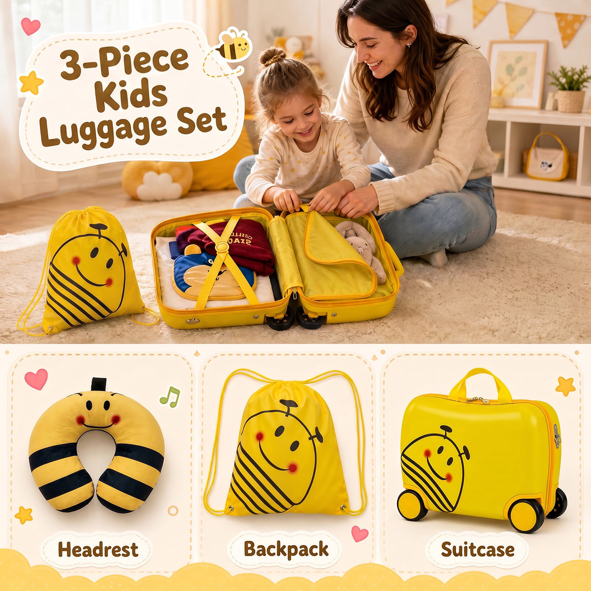 3-Piece Kids Carry-on Luggage Set with Headrest and Backpack