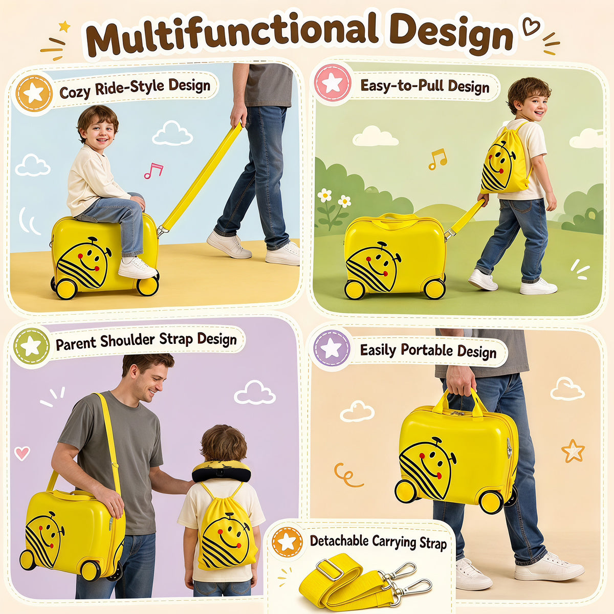 3-Piece Kids Carry-on Luggage Set with Headrest and Backpack