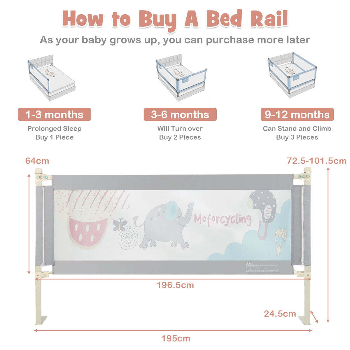 176/197CM Toddler Bedrail, 72.5-101.5 CM Extra Tall Bed Guardrail w/Anti-Collision Cotton & Side Pocket