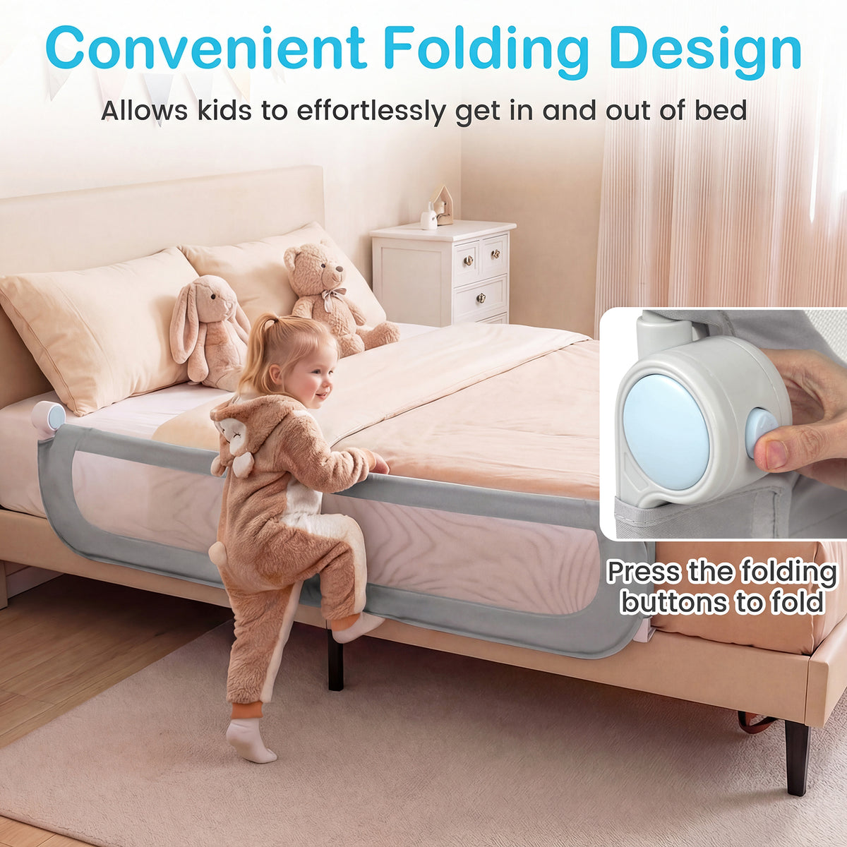 Foldable Bed Rail with Removable Oxford Fabric Cover and Robust U-shaped Base