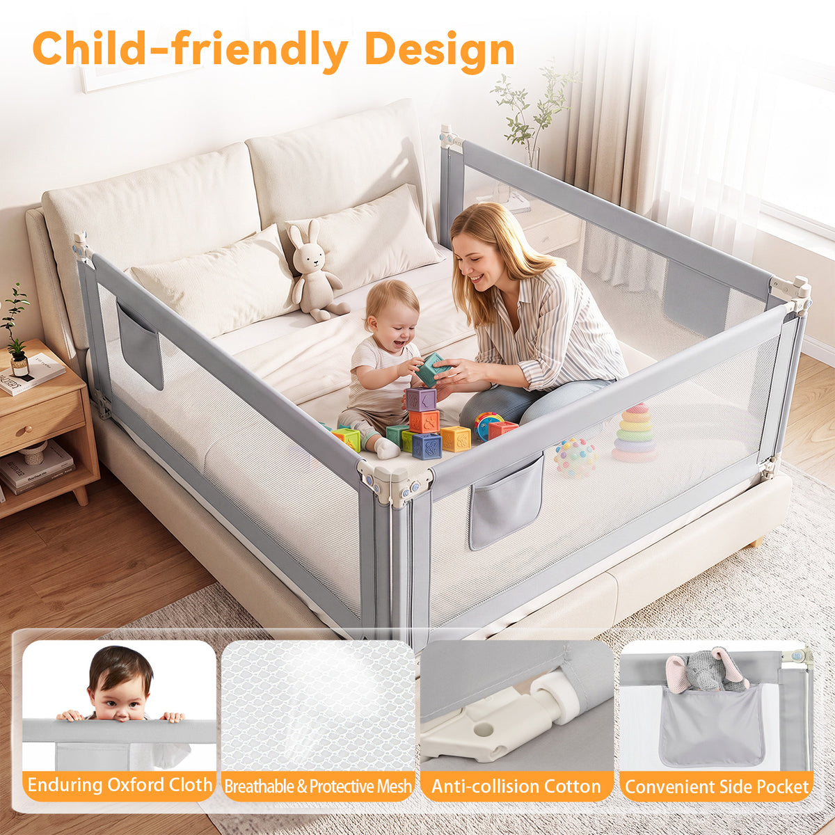 176/195CM Toddler Bedrail, Extra Tall Safety Bed Guardrail W/Anti-Collision Cotton & Side Pocket