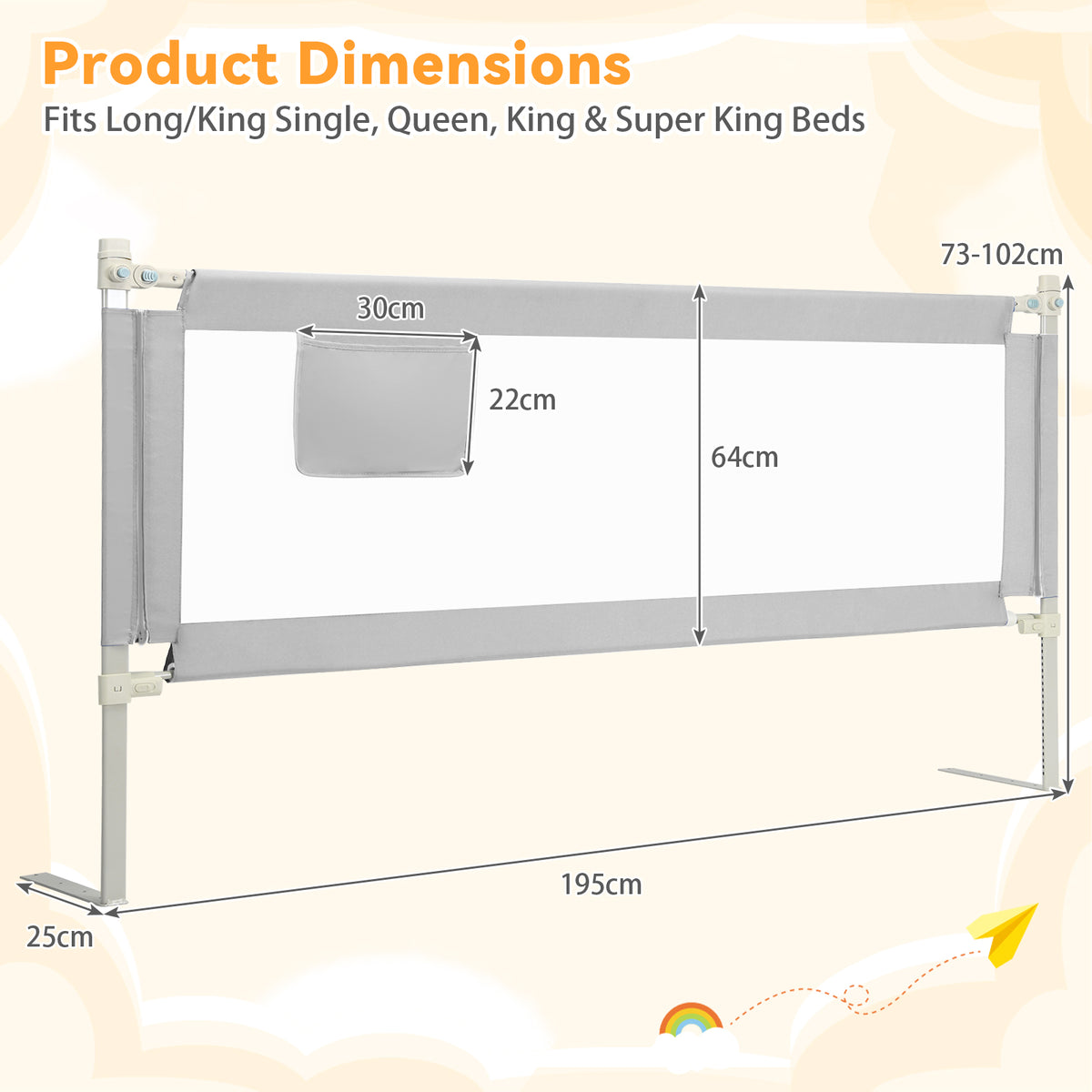 176/195CM Toddler Bedrail, Extra Tall Safety Bed Guardrail W/Anti-Collision Cotton & Side Pocket