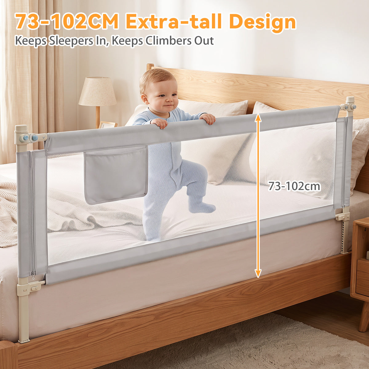 176/195CM Toddler Bedrail, Extra Tall Safety Bed Guardrail W/Anti-Collision Cotton & Side Pocket