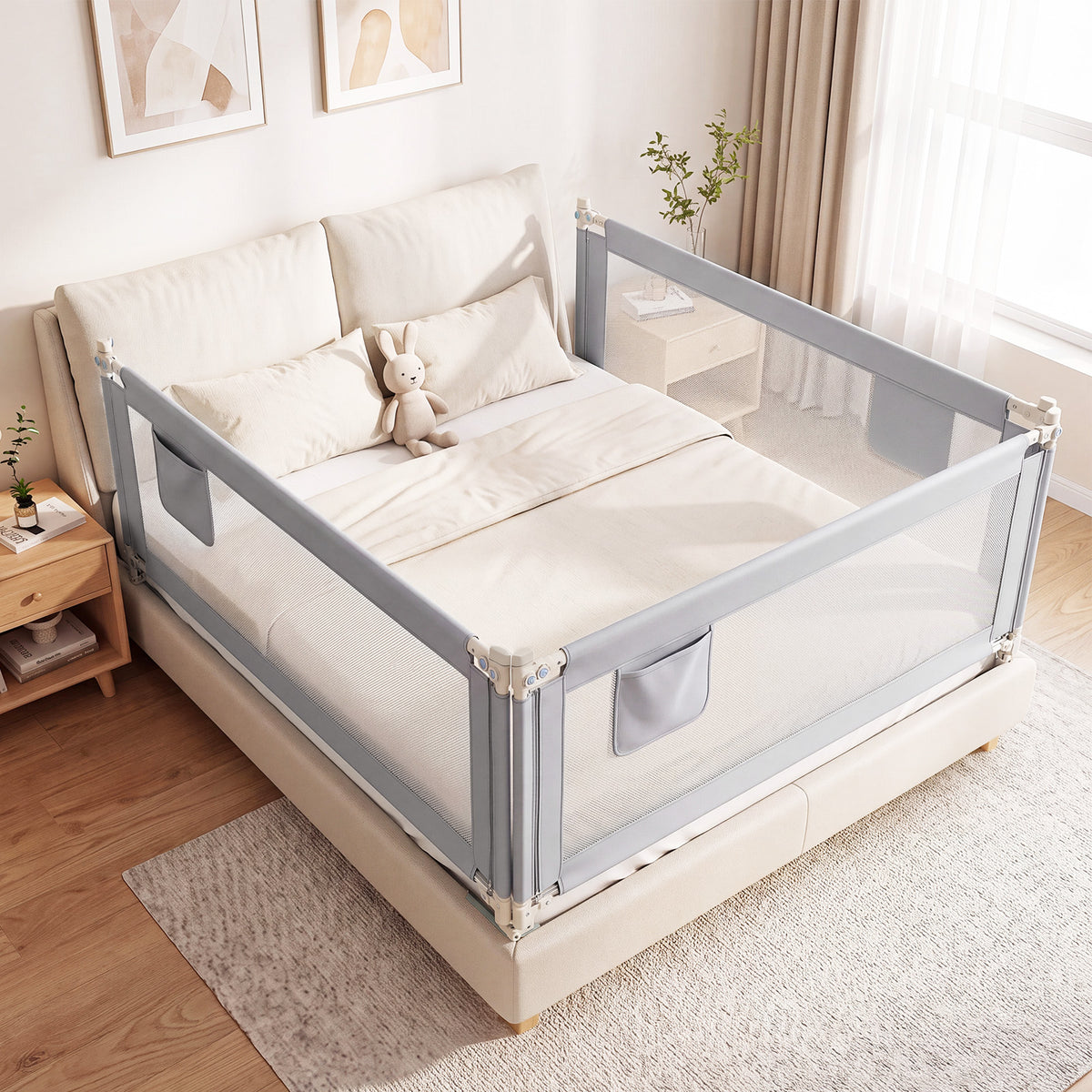 176/195CM Toddler Bedrail, Extra Tall Safety Bed Guardrail W/Anti-Collision Cotton & Side Pocket